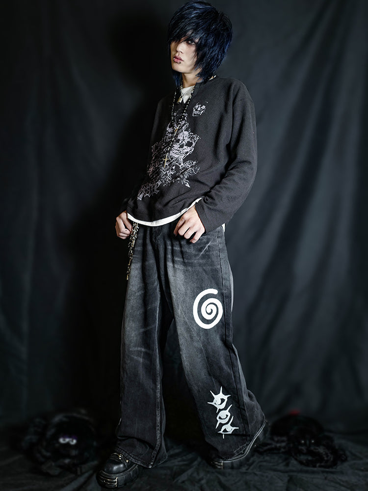 Graphic Design Washed Low-Rise Wide Leg Denim Jeans WN16077