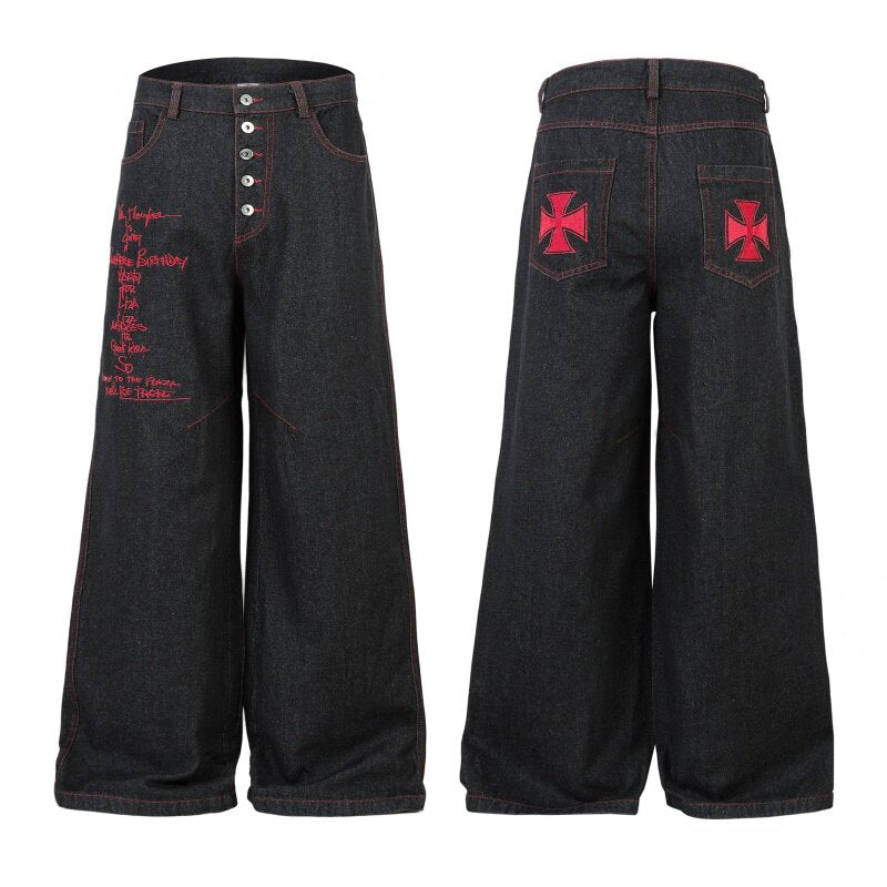 Cross Letter Embroidery Straight Denim Jeans WN24270