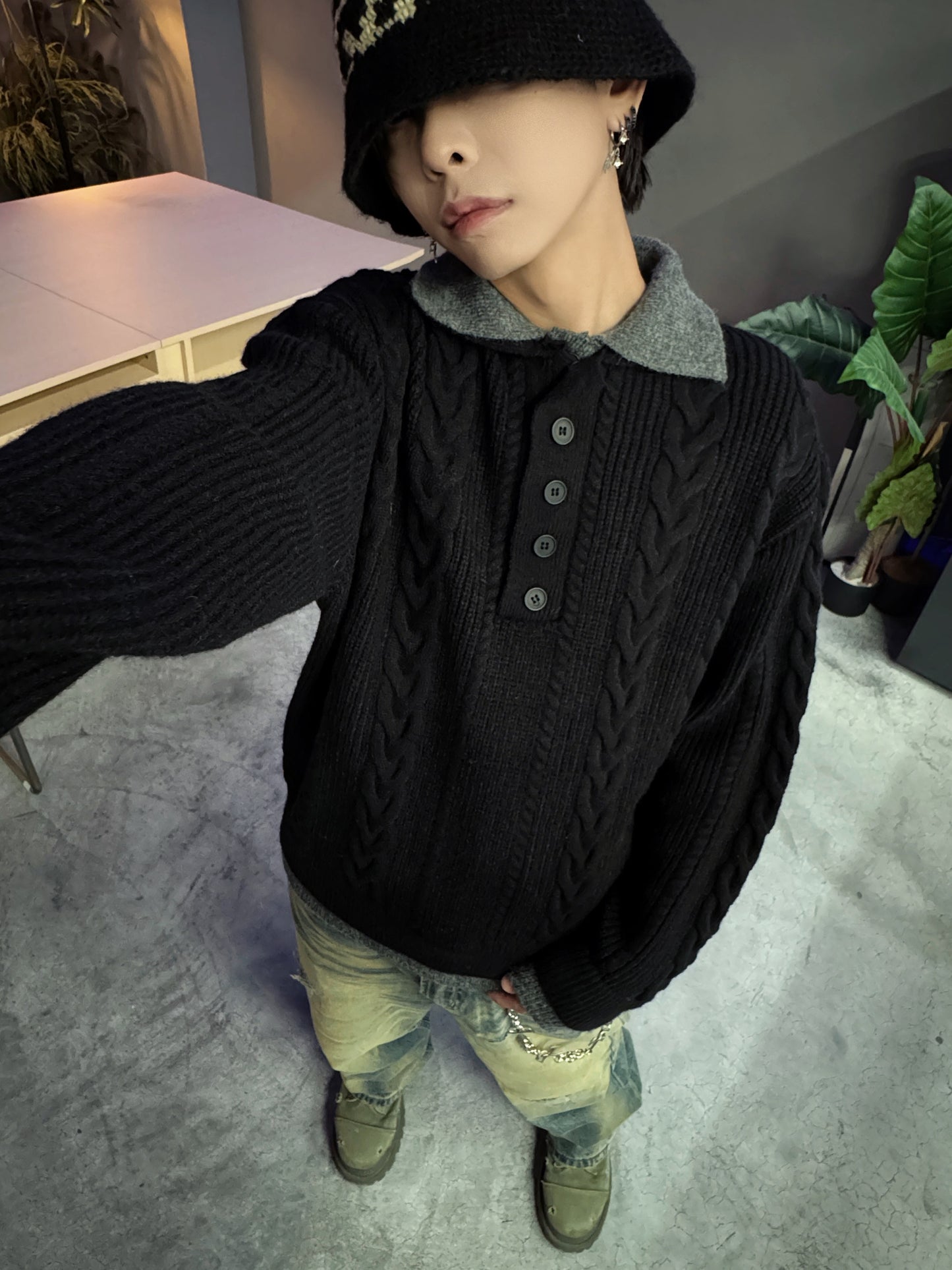 Polo Colar Cable Knit Sweater WN22953