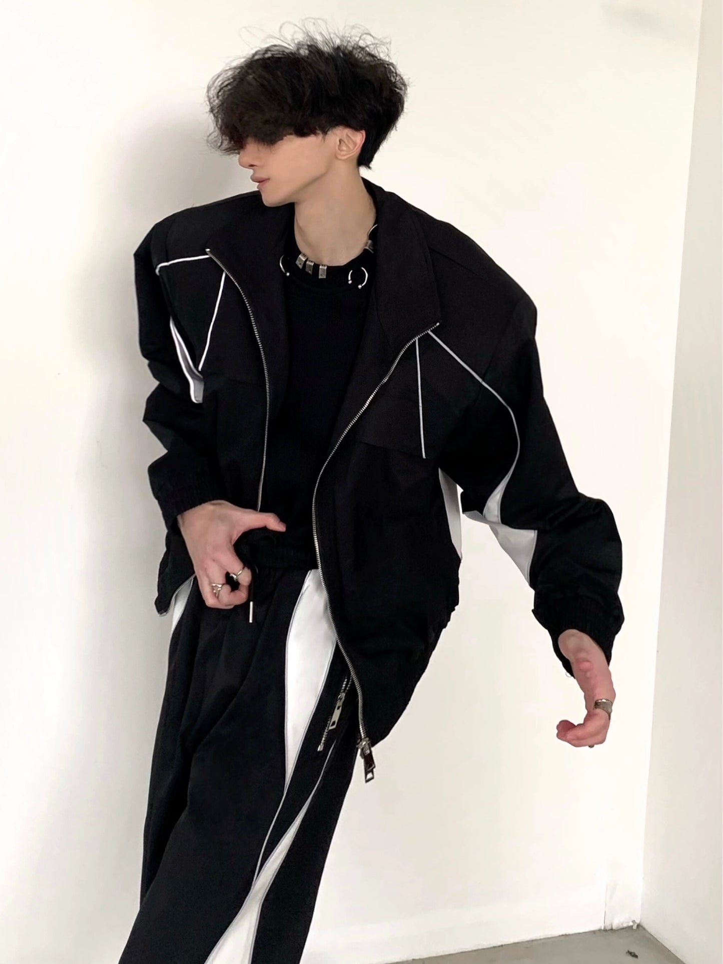 Zipper Shoulder Pad Sporty Jacket & Wide-Leg Pants Setup WN5973