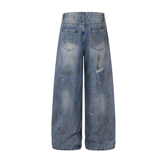 Washed Paint Damage Wide Leg Denim Jeans WN25394