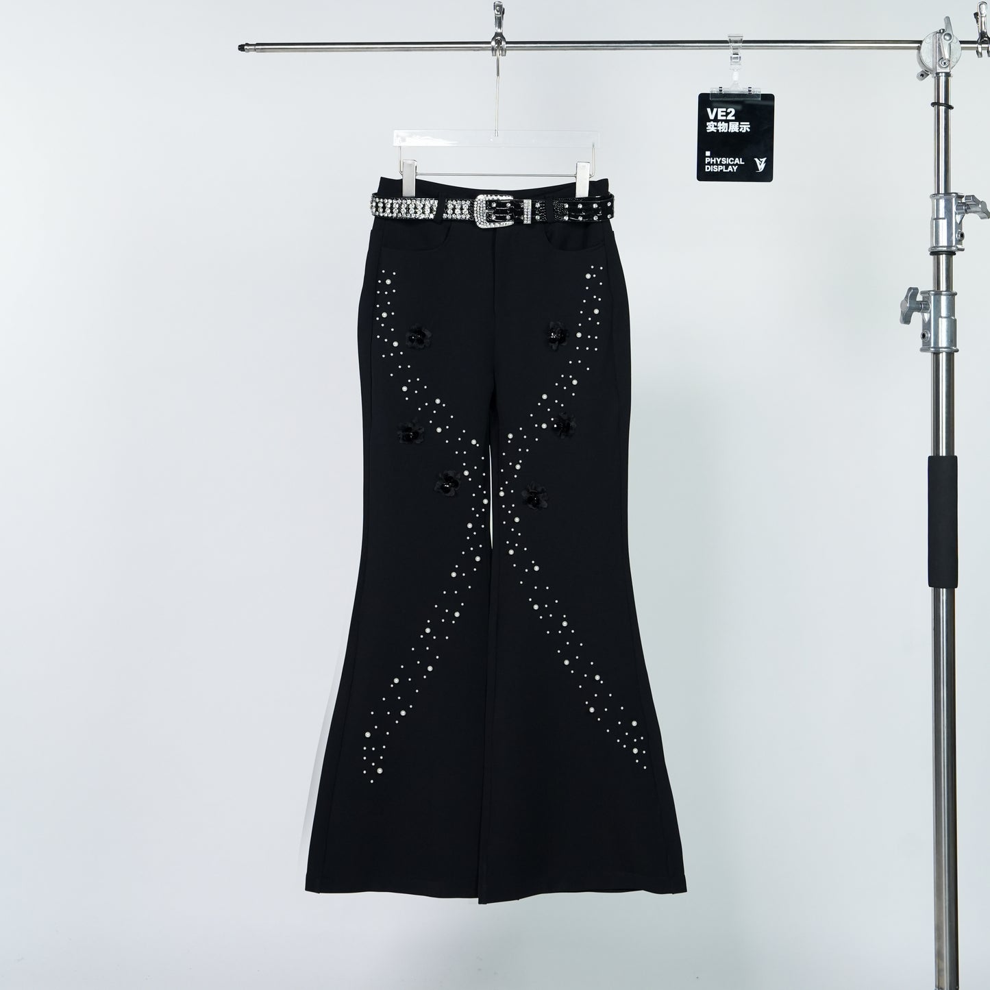 Rhinestone Flower Detail Flare PaTrousers WN24309