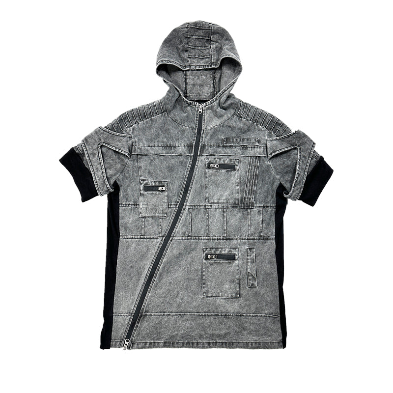 Asymmetric Heavy-Duty Washed Utility Hooded Jacket WN13838