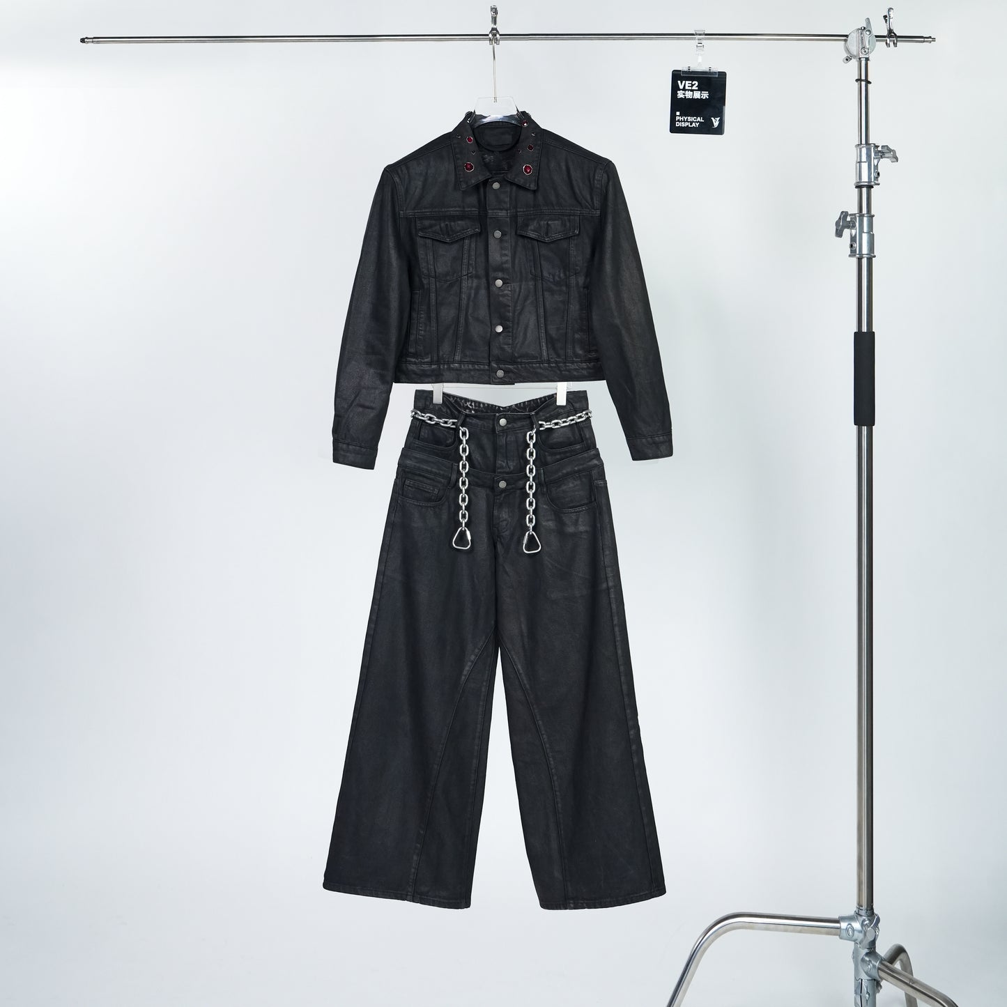 Wax Coated Short Denim Jacket & Wax Coated Wide Leg Denim Jeans Setup WN24302