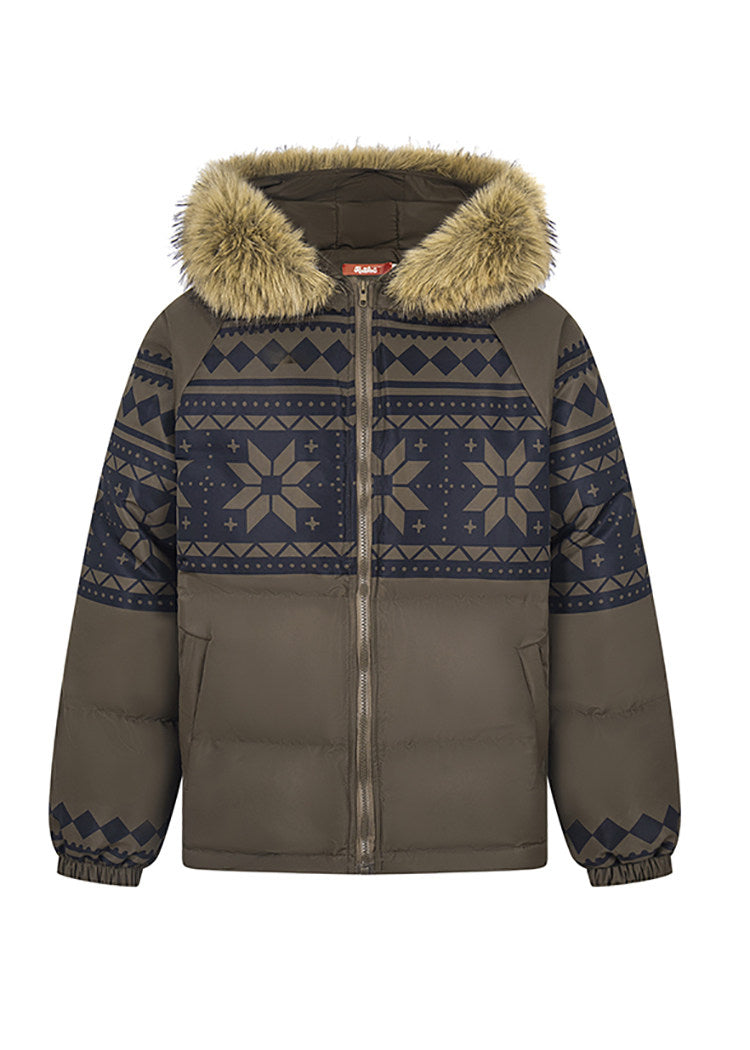 Fair Isle Lamb Fleece Fur Collar Hooded Puffer Jacket WN23010