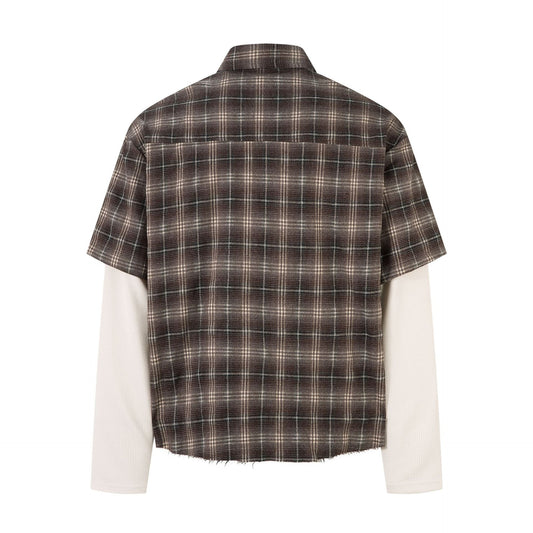 Plaid Letter Embroidery Fake Layered Long Sleeve Shirt WN25856