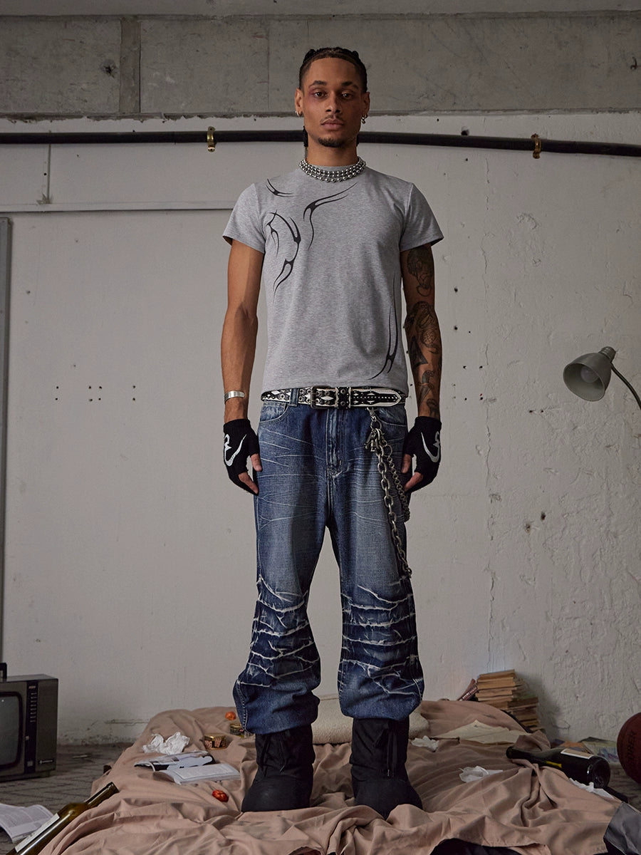 Lightning Wave Pattern Washed Straight Flare Denim Jeans WN17034