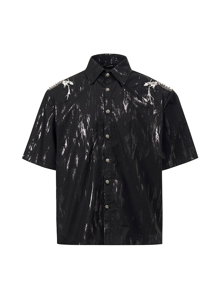 Snake Spine Beaded Foil Print Shoulder-pad Short Sleeve Shirt WN16588