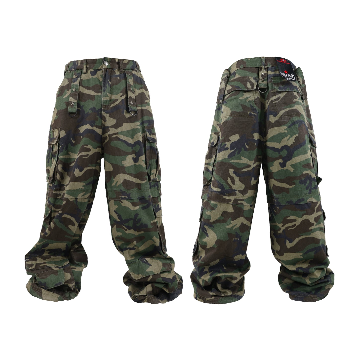 Adjustable Drawstring Multi-Pocket Camouflage Wide Leg Cargo Pants WN17211