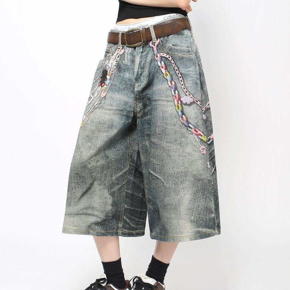 3D Print Washed Wide Leg Half Denim Jeans WN24431