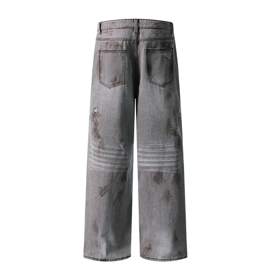 Dirty Washed Ripped Straight Leg Denim Jeans WN26829