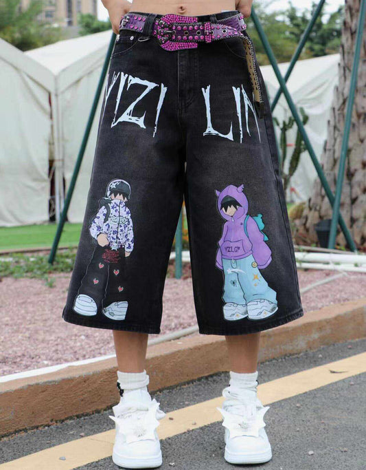 Illustration Print Wide Leg Denim Jeans & Half Denim Jeans WN24037