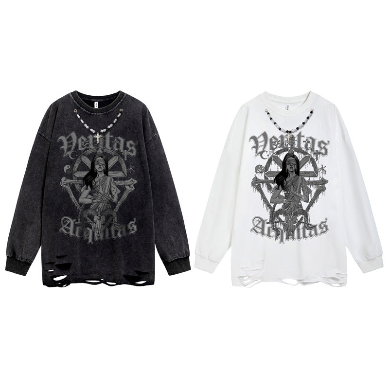 Washed Damage Print Long Sleeve T-Shirt WN16487