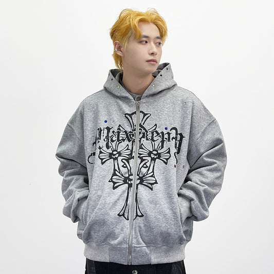 Goth Print Rhinestone Oversize Zipper Hoodie WN24258