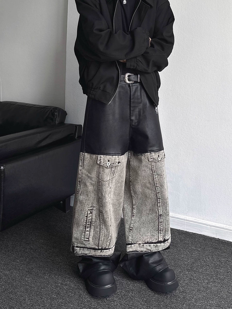 PU Leather Mix Wide Leg Denim Jeans WN19359