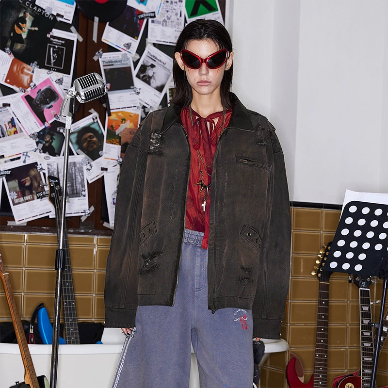 Collared Damage Design Oversize Zipper Jacket WN17826