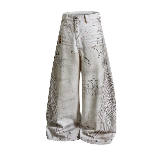 Studs Paint Wing Wide Leg Denim Jeans WN25752