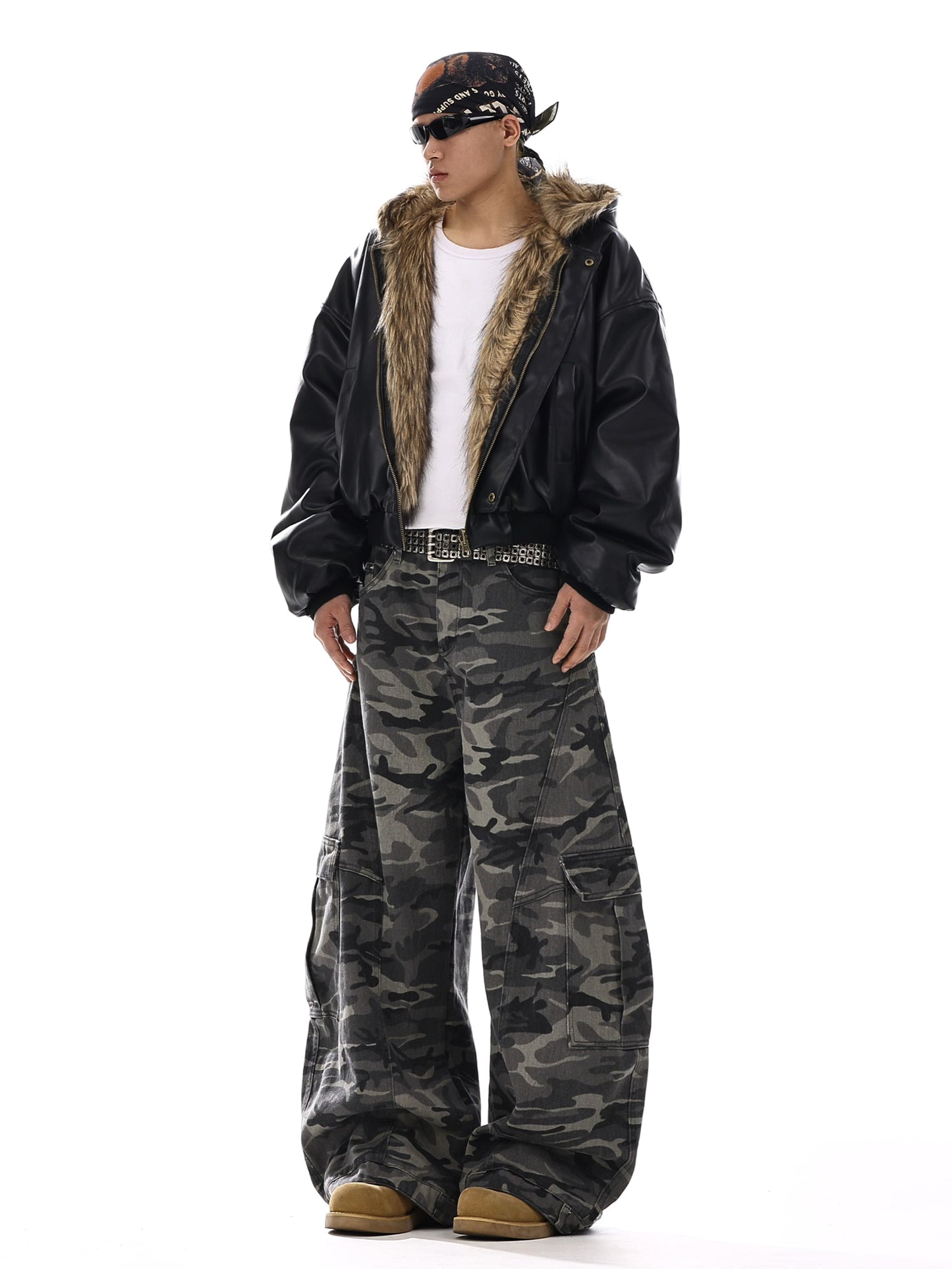 Camouflage Wide-Leg Cargo Denim Jeans WN15139