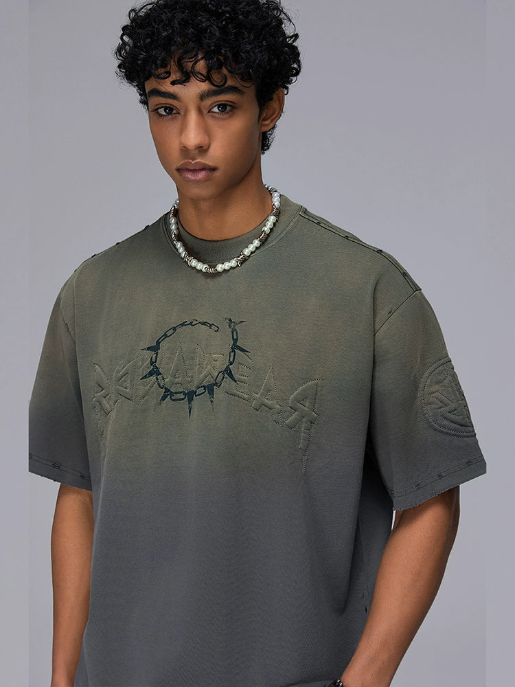 Padded Patch Embroidery Wash Damage Oversize Short Sleeve T-Shirt WN18009