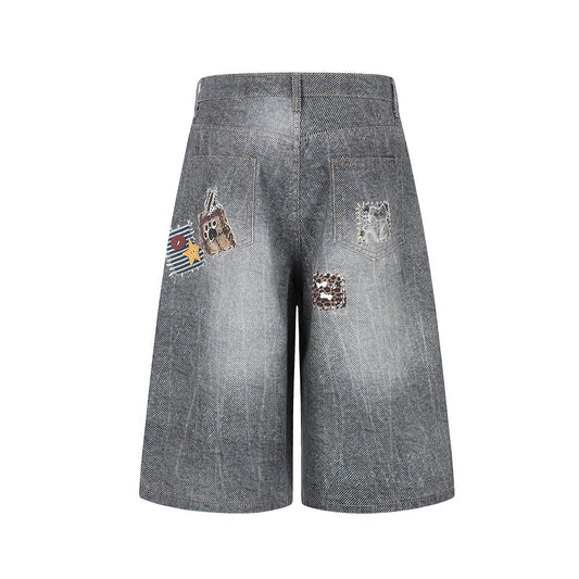 Applique Patchwork Wide Leg Half Denim Pants WN25625