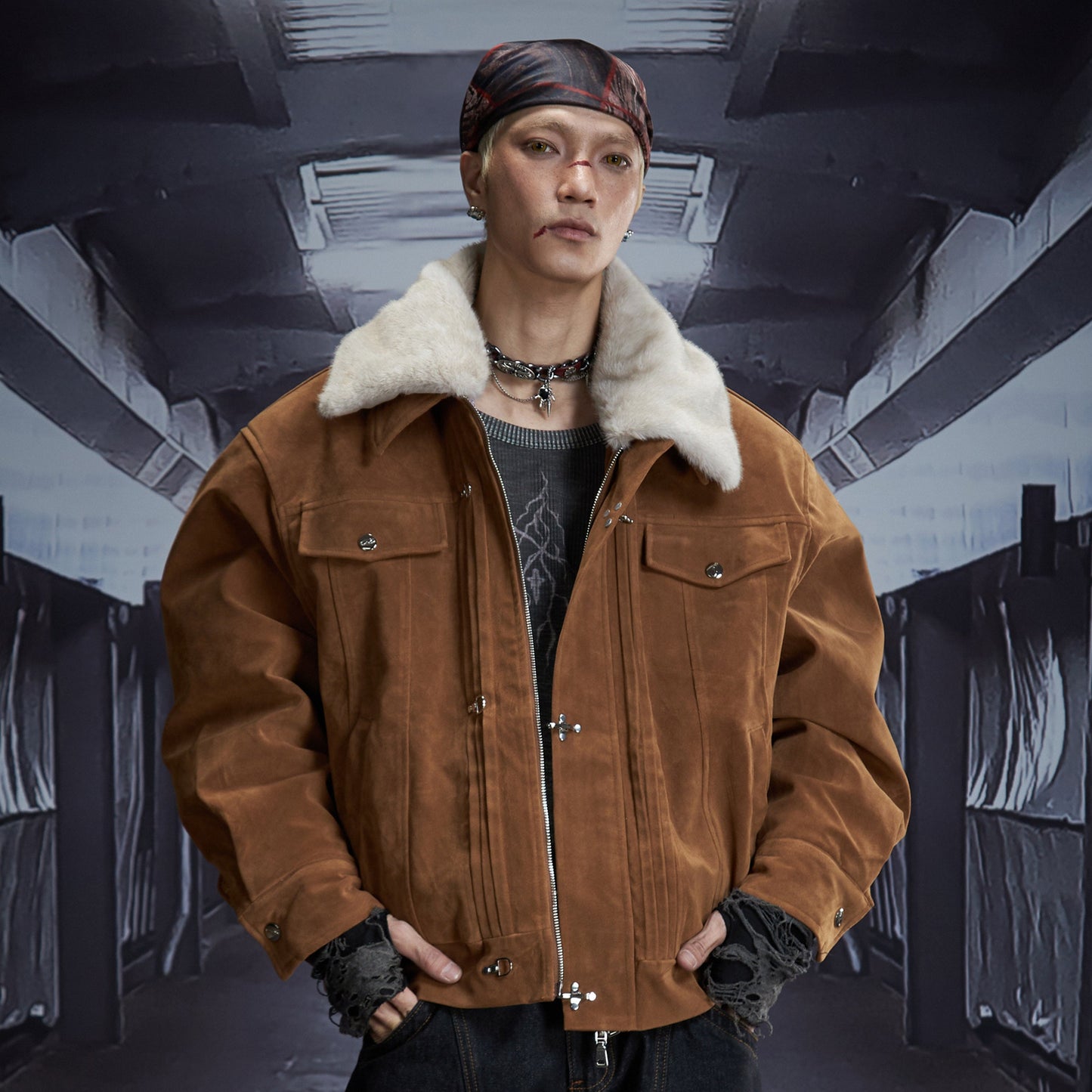 Detachable Fake Fur Collar Fleece Texture Padded Jacket WN22882