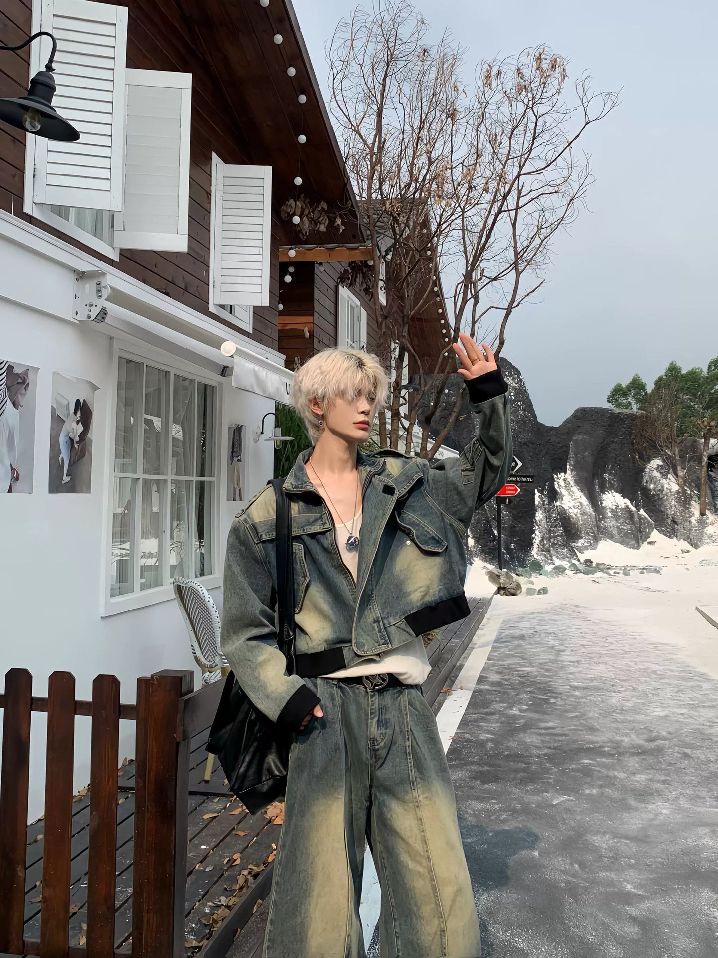 Washed Damage Denim Jacket & Wide Leg Denim Jeans Setup WN19934