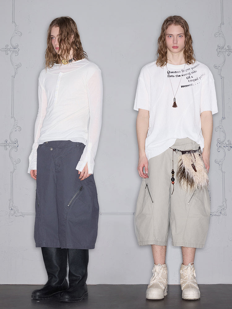 Asymmetrical Functional Deconstructed Curved Hem Cargo Half Pants WN18001