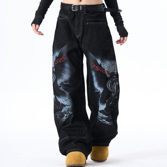 Graphic Print Wide Leg Denim Jeans WN28099