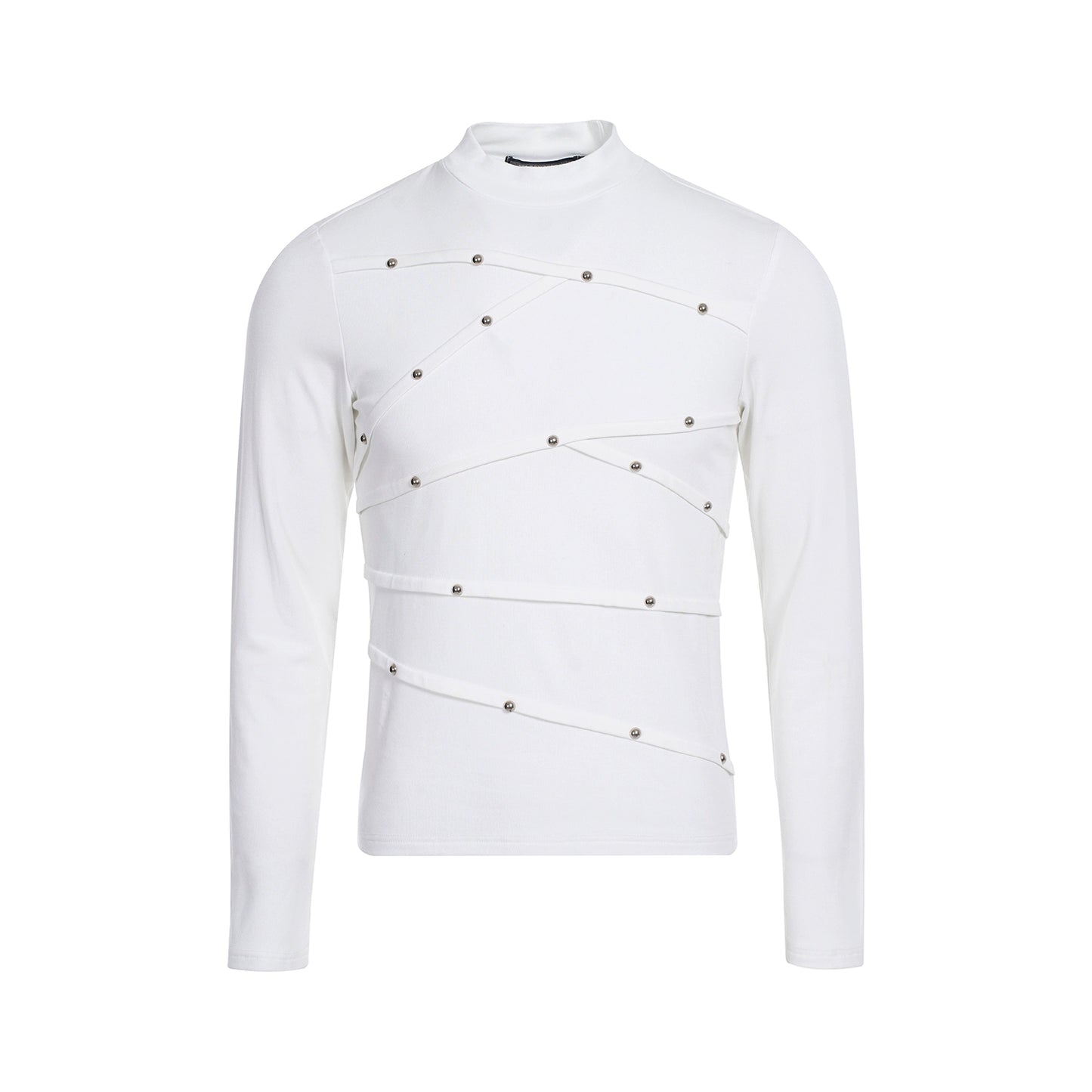 Studded Accents Fitted High-Neck Long Sleeve T-Shirt WN12151