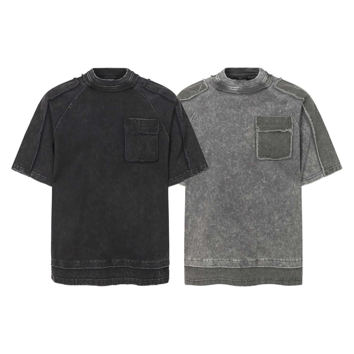 Washed Raw Edge Pocket Fake Layered Short Sleeve T-Shirt WN26891