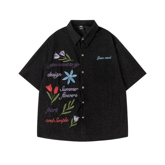 Corduroy Floral Embroidery Short Sleeve Shirt WN26835