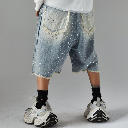 Fringe Rhinestone Wide Leg Half Denim Pants WN25612