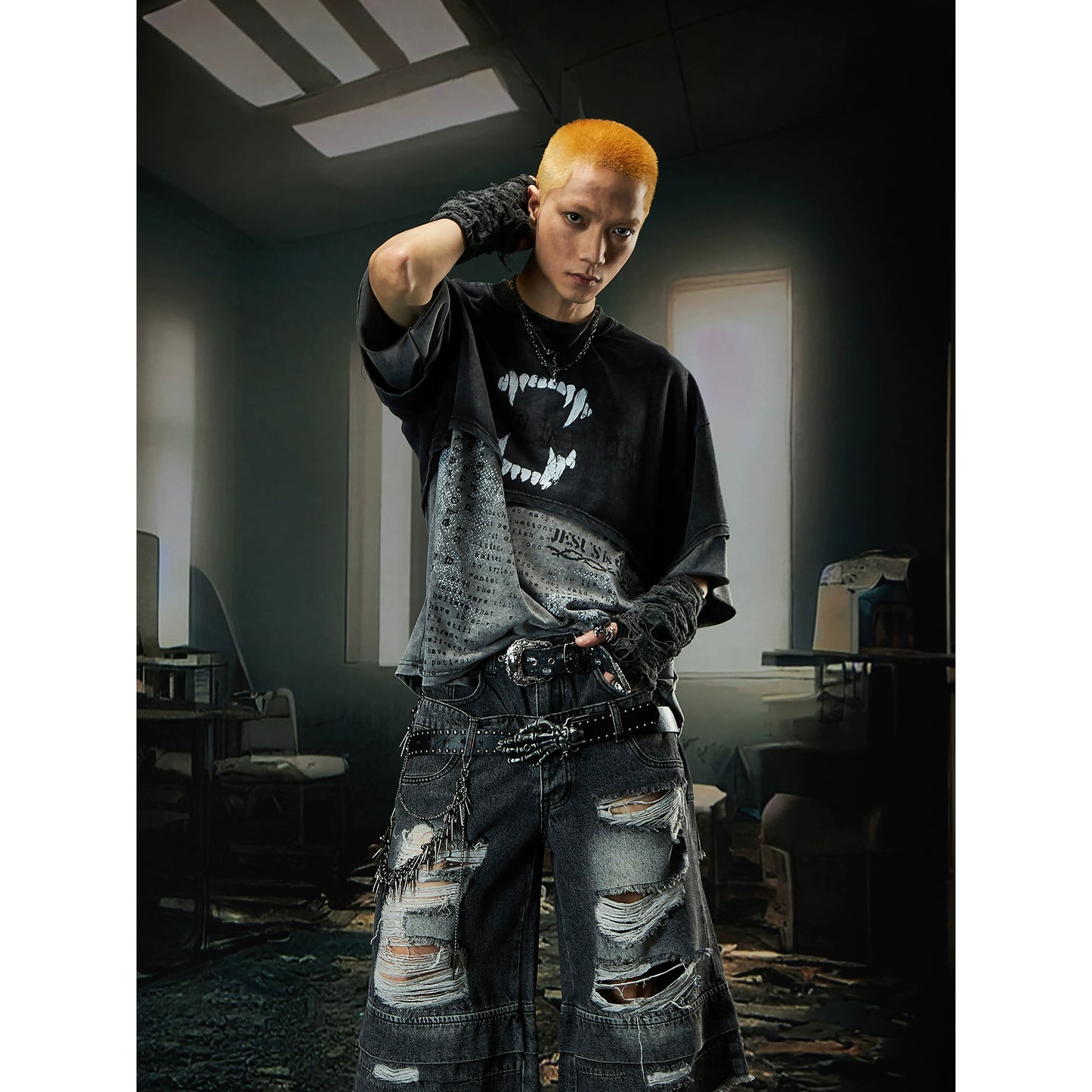 Double Layer Washed Letter Print Oversize Short Sleeve T-Shirt WN18457