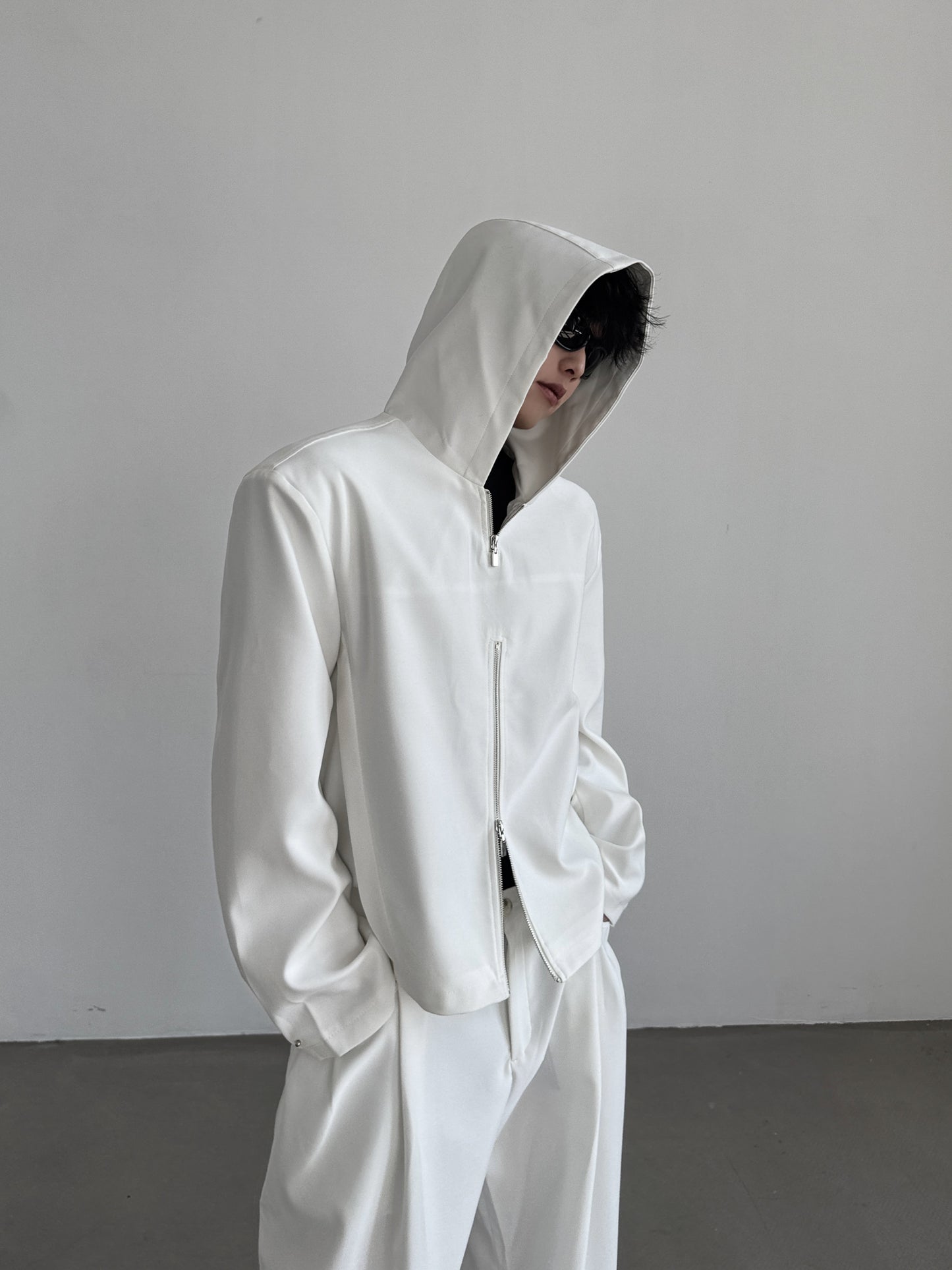 Double Zipper Pullover Hoodie & Draping Wide Leg Pants Setup WN15384