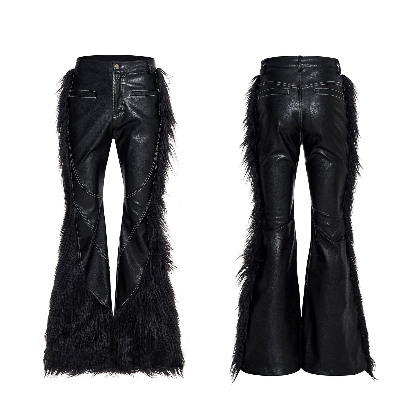 Fake Fur Panel Design Flare PU Leather Pants WN22717