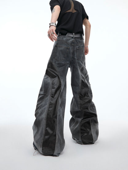 PU Leather Mix Wide Leg Denim Jeans WN5595