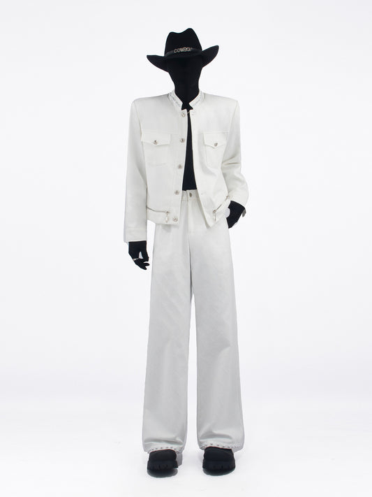 Pearl Decor Short Jacket & Pearl Decor Wide Leg Pants Setup WN23729