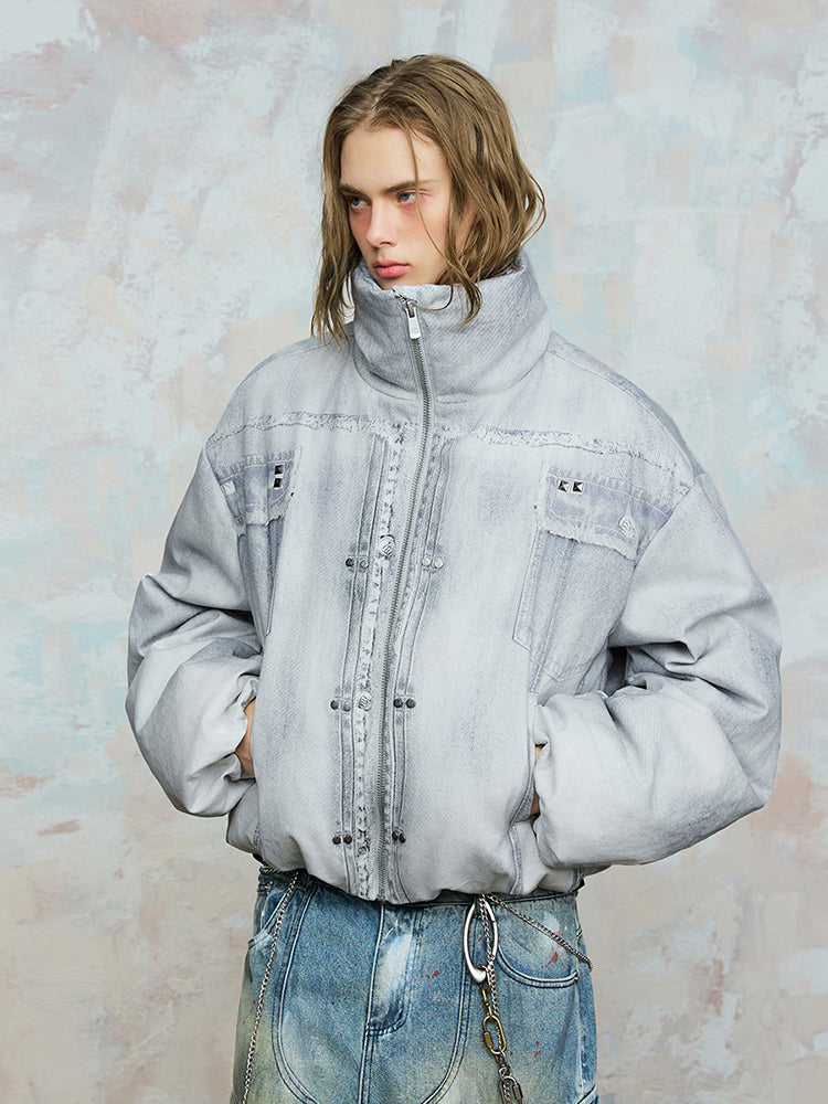 Original Print Stand Neck White Duck Down Jacket WN17950