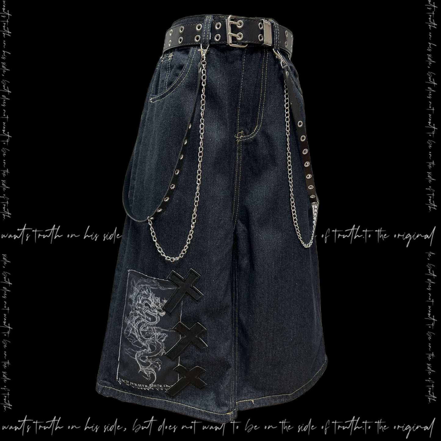Patchwork Wide Leg Half Denim Jeans & Belt & Chain WN20127