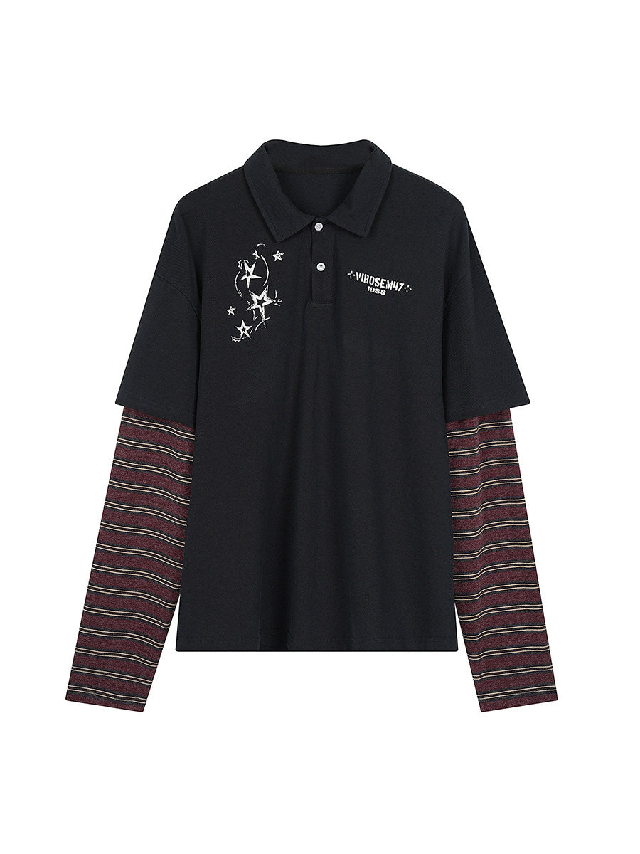 Star Embroidery Stripe Layered Long Sleeve Polo Shirt WN24160