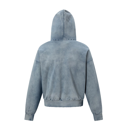 Washed Damage Print Boxy Zipper Hoodie WN25868