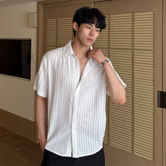 Stripe Texture Open Collar Short Sleeve Shirt WN24923