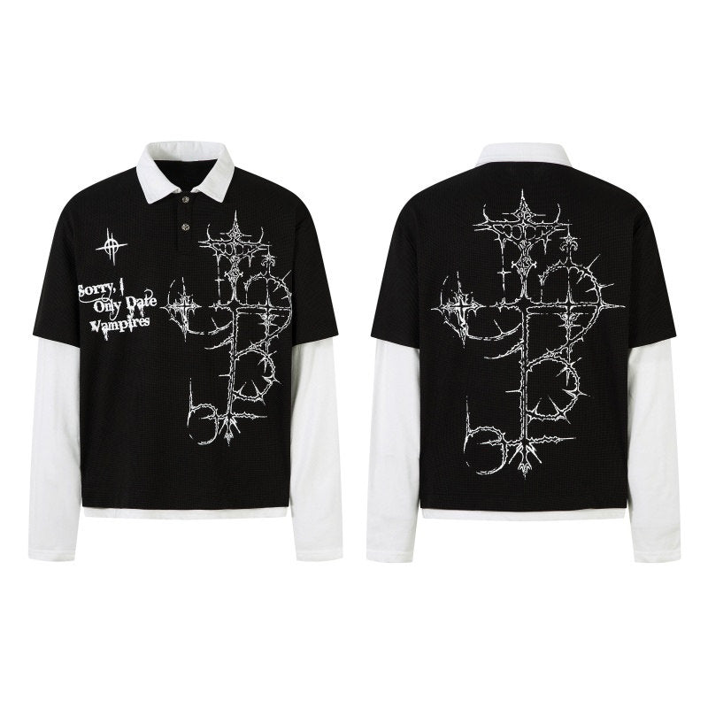 Cross Fake Layered Waffle Long Sleeve Polo T Shirt WN24245