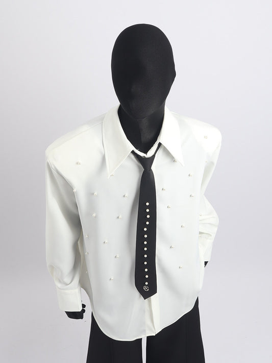 Stud Bead Tie-Neck Oversize Long Sleeve Shirt WN23659