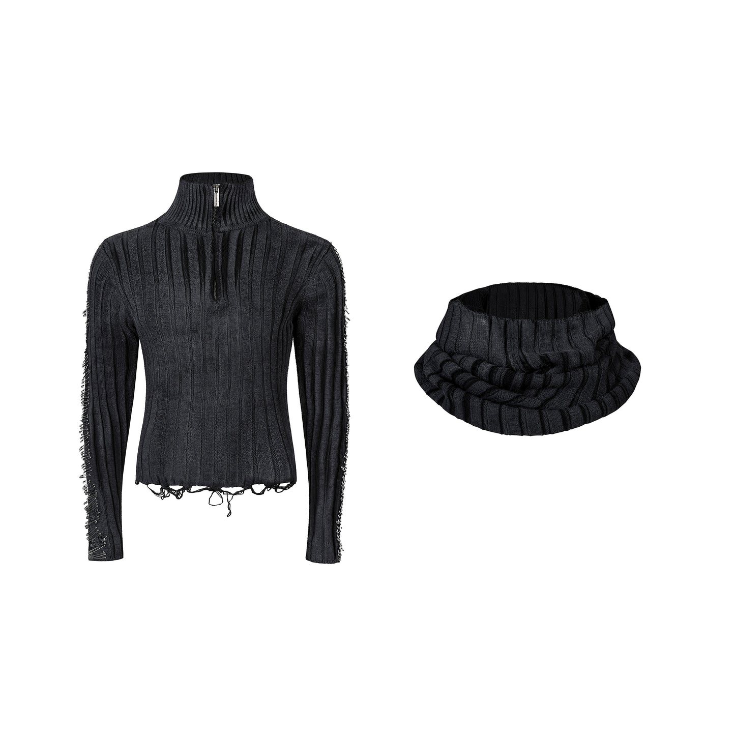 Safety Pin Design High-Neck Damage Knit Sweater & Scarf Set WN22164