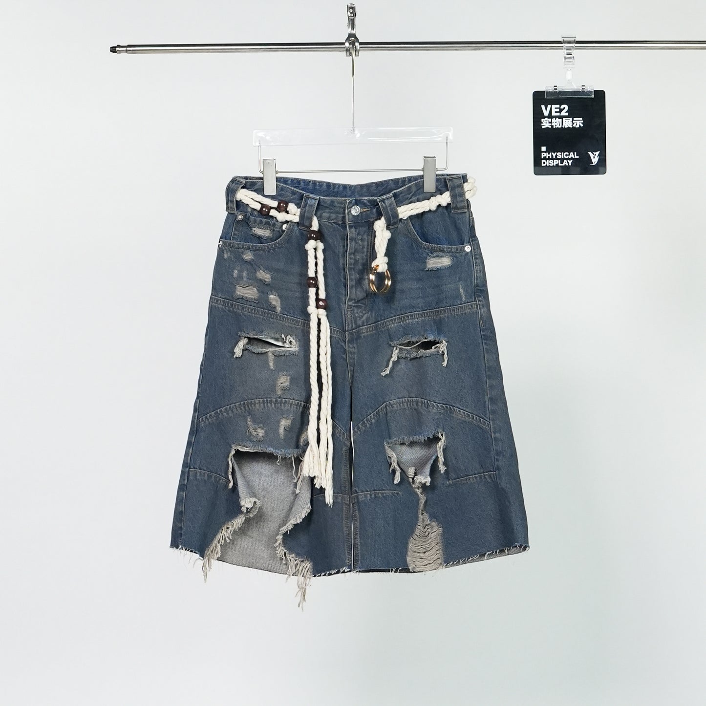 Washed Damage Fray Wide Leg Denim Half Jeans WN24314