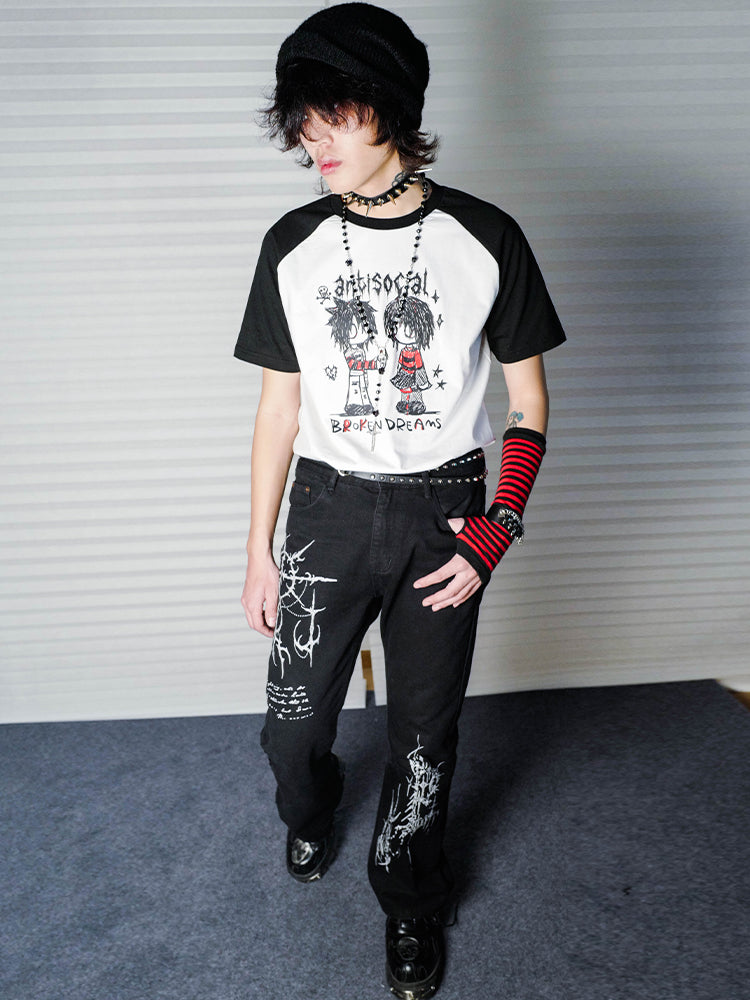 Hand-Drawn Graphic Design Raglan Short Sleeve T-Shirt WN16059