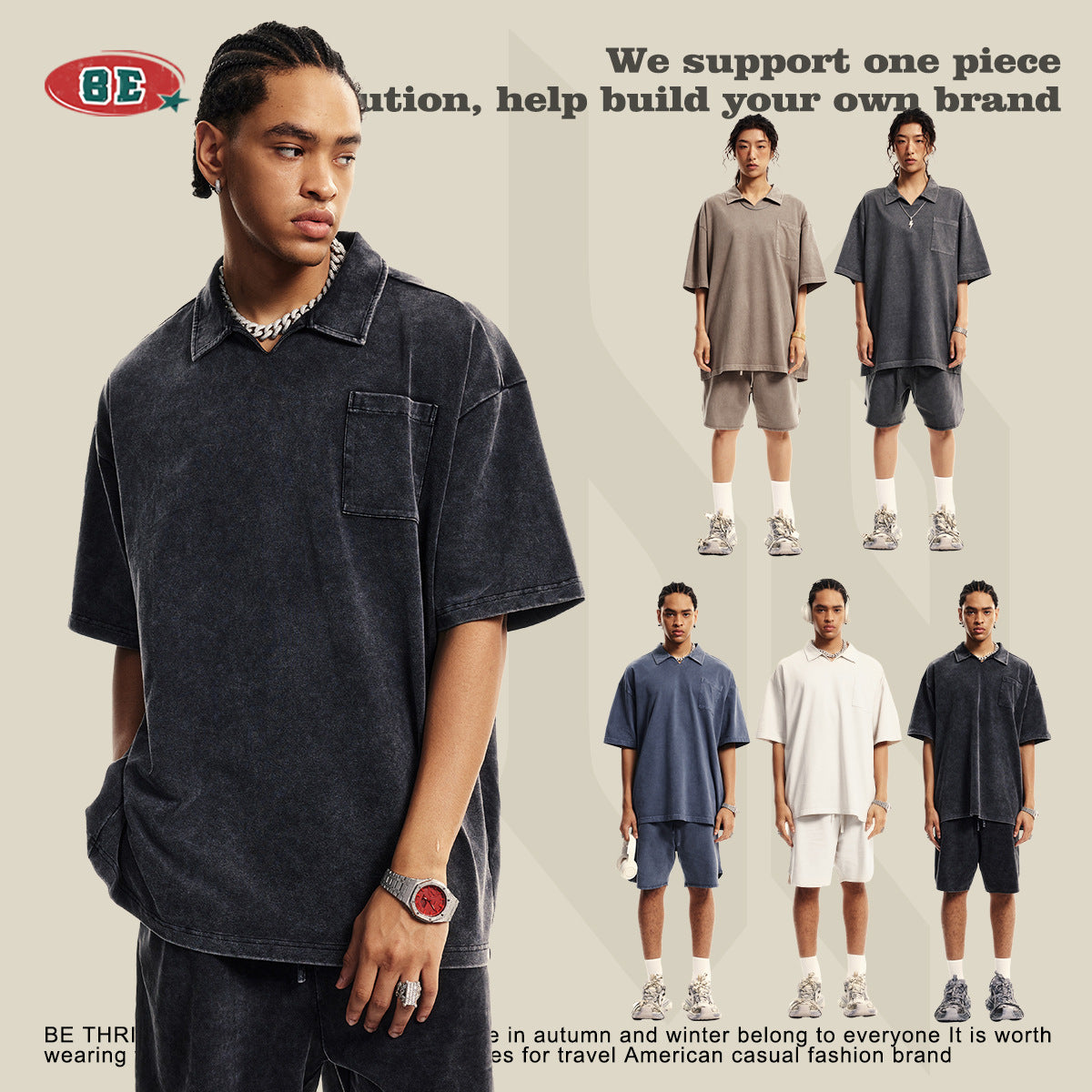 Washed Oversize Short-sleeve Polo Shirt & Washed Short Pants Setup WN6452
