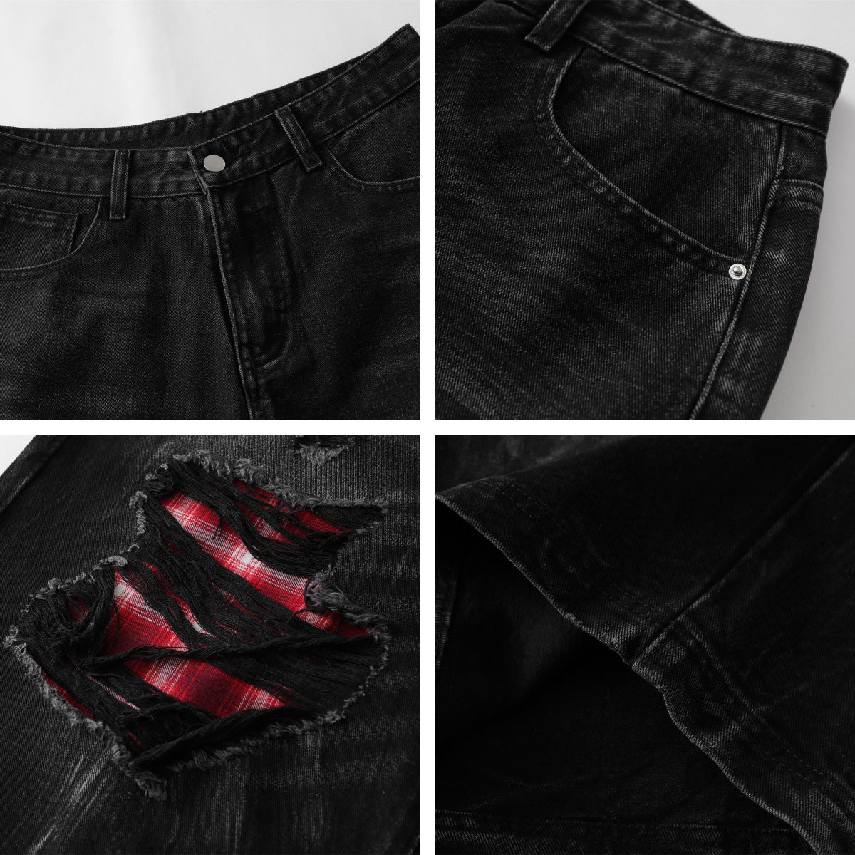 Damage Plaid Design Wide Leg Half Denim Jeans WN16538