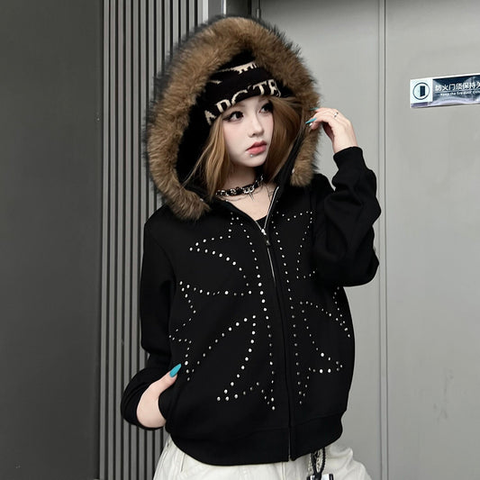 Fake Fur Collar Studs Detail Zipper Hoodie WN24184